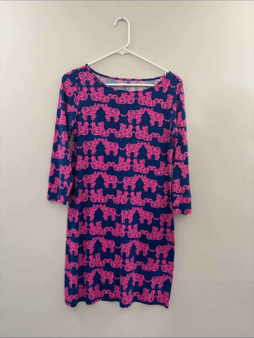 Lilly Pulitzer Navy & Hot Pink Elephant Print 3/4 Sleeve Dress